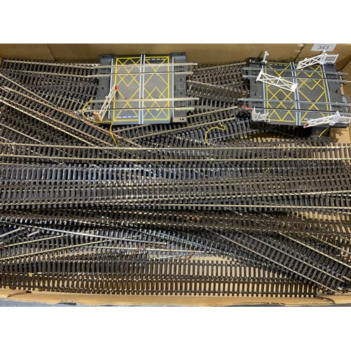 343 - TRAY OF EX LAYOUT  00 SCALE TRACK PECO HORNBY, PLUS QTY OF LONG  FLEXI TRACK, PLUS BOXED HORNBY ELEC... 