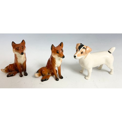 129 - BESWICK MODEL OF A JERSEY BULL , 2 BESWICK FOX MODELS & BESWICK MODEL A TERRIER