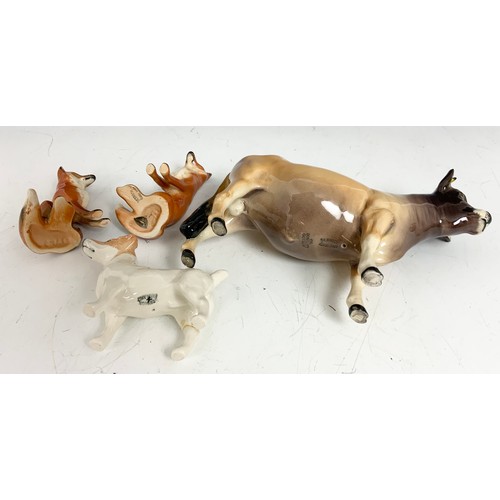 129 - BESWICK MODEL OF A JERSEY BULL , 2 BESWICK FOX MODELS & BESWICK MODEL A TERRIER