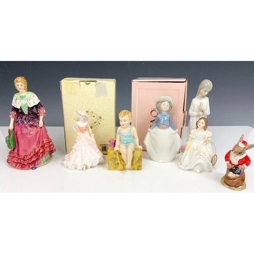 149 - COLLECTION OF FIGURINES INC BOXED LLADRO NAO , COALPORT, PARAGON, ROYAL DOULTON BUNNYKINS ETC