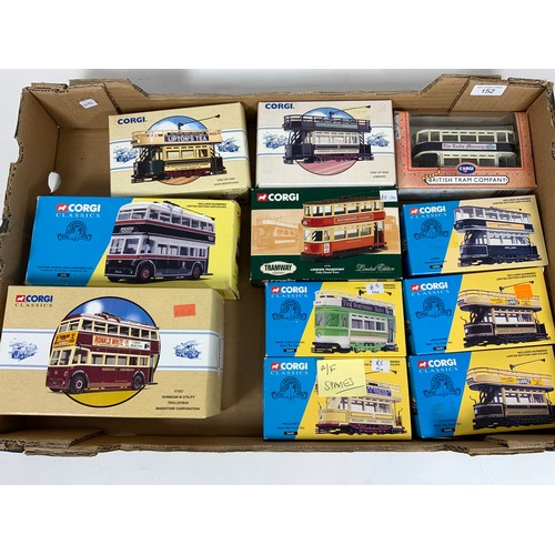 166 - CORGI TRAM COLLECTION, 8 BOXED TRAMS, PLUS 1 A/F, & 2 BOXED TROLLEY BUSES