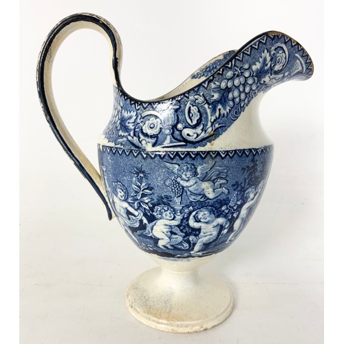 159 - UNUSUAL EARLY PERAL WARE BLUE & WHITE HELMET JUG DECORATED WITH CHERUBS