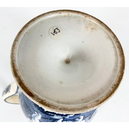 159 - UNUSUAL EARLY PERAL WARE BLUE & WHITE HELMET JUG DECORATED WITH CHERUBS