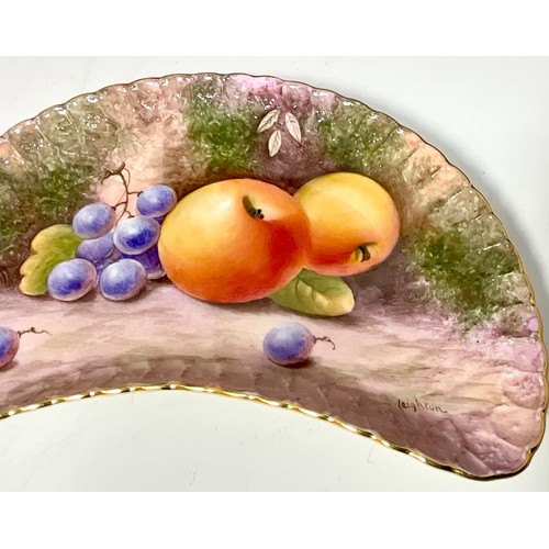 176 - CRESCENT SERVING DISH HAND PAINTED WITH FRUIT AND SIGNED LEIGHTON MAYBURY