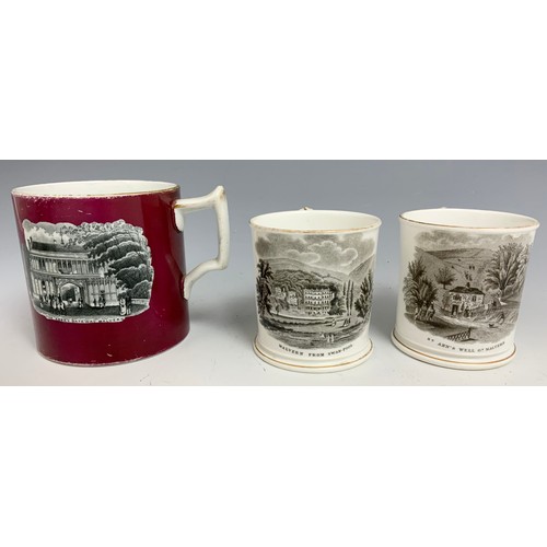 178 - LOVING CUP & 4 TANKARD S WITH TRANSFER PRINTED MALVERN SECENES TALLEST  12.5cm