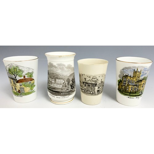 188 - 8 TRANSFER PRINTED BEAKERS & SPILL  VASES  WITH MALVERN SCENES TALLEST 12cm