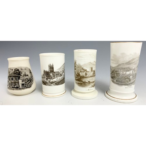 188 - 8 TRANSFER PRINTED BEAKERS & SPILL  VASES  WITH MALVERN SCENES TALLEST 12cm