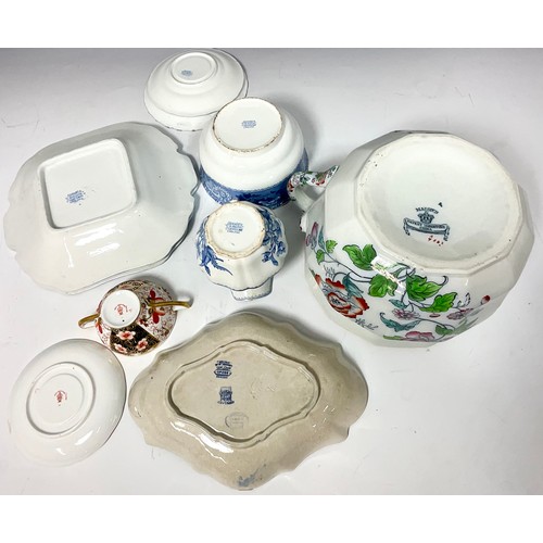 195 - MISC. CHINA AND PORCELAIN INC. CROWN DERBY IMARI, COPELAND SPODE, SPODE CAMILLA AND A MASONS CHAMBER... 