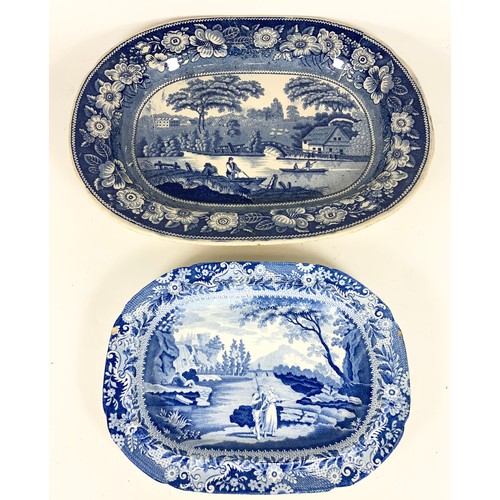 201 - LARGE BLUE & WHITE SERVING PLATTER  WITH UNUSUAL BOATS ON THE RIVER TRA NSFER DECORATION  WITH A SMA... 