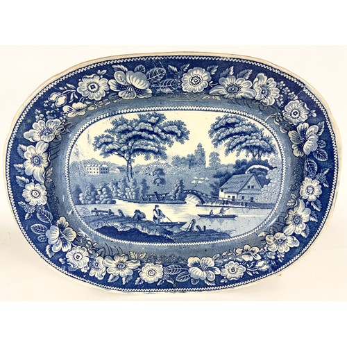 201 - LARGE BLUE & WHITE SERVING PLATTER  WITH UNUSUAL BOATS ON THE RIVER TRA NSFER DECORATION  WITH A SMA... 