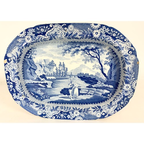 201 - LARGE BLUE & WHITE SERVING PLATTER  WITH UNUSUAL BOATS ON THE RIVER TRA NSFER DECORATION  WITH A SMA... 