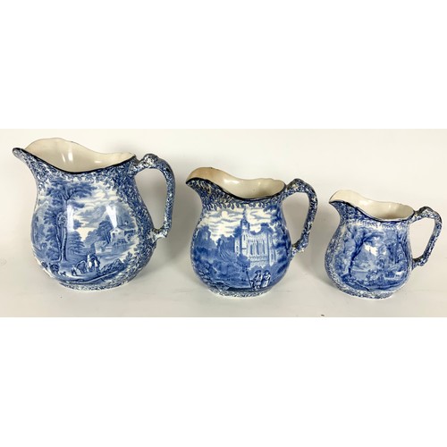 205 - 3 GRADUATED BLUE & WHITE TRANSFER RURAL SCENCES WITH GRAVY BOATS / CREAMERS