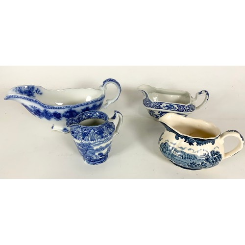 205 - 3 GRADUATED BLUE & WHITE TRANSFER RURAL SCENCES WITH GRAVY BOATS / CREAMERS