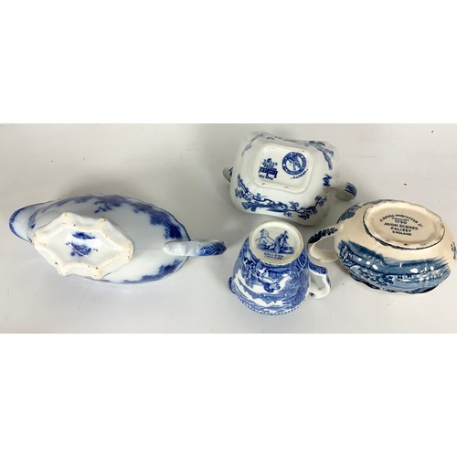 205 - 3 GRADUATED BLUE & WHITE TRANSFER RURAL SCENCES WITH GRAVY BOATS / CREAMERS