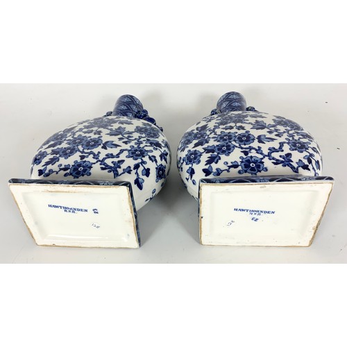 198 - PAIR OF BLUE & WHITE HAWTHORDEN  TRANSFER PATTERN MOON FLASKS  23cm TALL