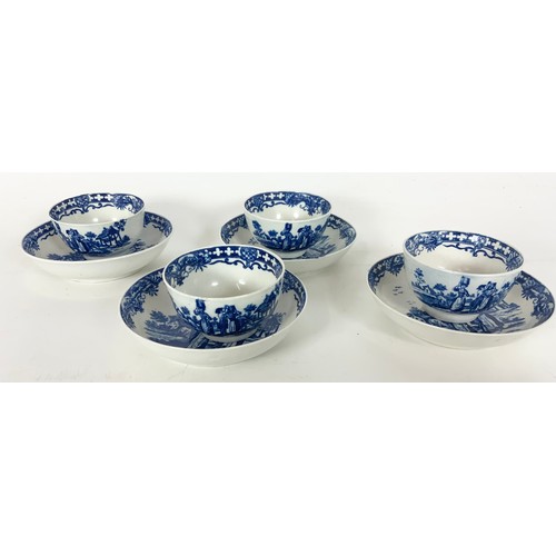 199 - 4 EARLY WORCESTER TEA BOWLS & SAUCERS WITH TRANSFER DECORATED  BLUE & WHITE MILK MAID PATTERN