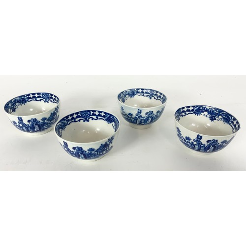 199 - 4 EARLY WORCESTER TEA BOWLS & SAUCERS WITH TRANSFER DECORATED  BLUE & WHITE MILK MAID PATTERN