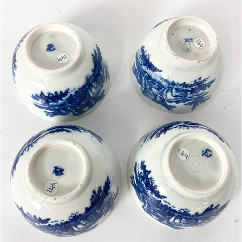 199 - 4 EARLY WORCESTER TEA BOWLS & SAUCERS WITH TRANSFER DECORATED  BLUE & WHITE MILK MAID PATTERN