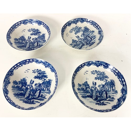 199 - 4 EARLY WORCESTER TEA BOWLS & SAUCERS WITH TRANSFER DECORATED  BLUE & WHITE MILK MAID PATTERN