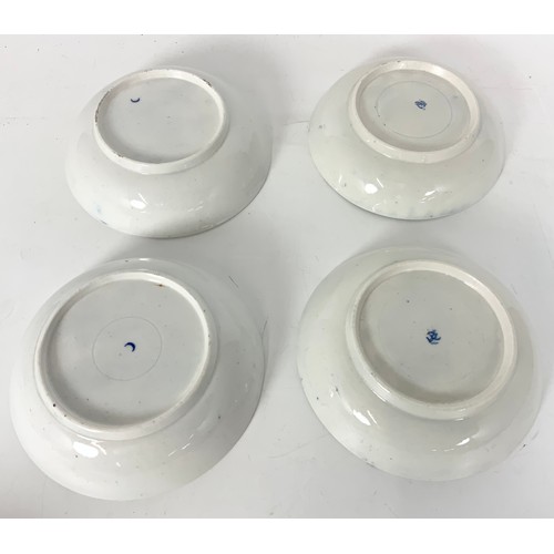 199 - 4 EARLY WORCESTER TEA BOWLS & SAUCERS WITH TRANSFER DECORATED  BLUE & WHITE MILK MAID PATTERN