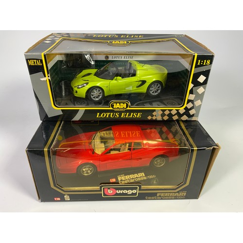 147 - BURAGO 1:18 3019 FERRARI TESTAROSSA (1984) & A JADI LOTUS  ELISE IN LIGHTNING YELLOW