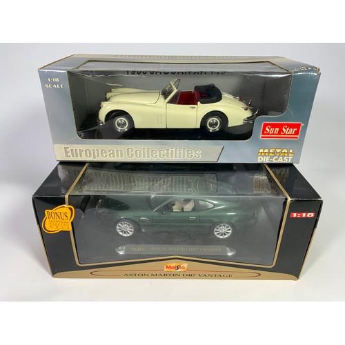 149 - SUN STAR METAL DIE CAST EUROPEAN COLLECTIBLES 1:18 JAGUAR XK140 DROPHEAD COUPE & A MAISTO ASTON MART... 