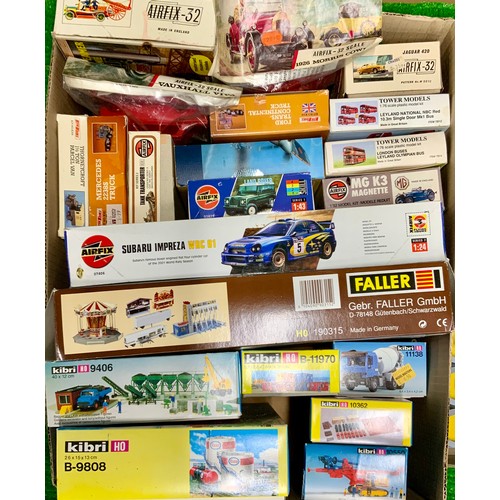 56 - SELECTION OF MODELLERS KITS, KIBRI X6, FALLER DORFKIRMES SET, AIRFIX SUBARU IMPREZA, ADDITIONAL AIRF... 