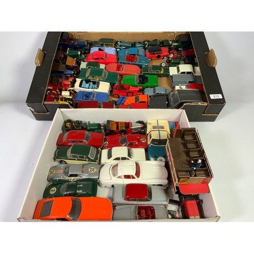 212 - TWO TRAYS OF MERIT & SIMILAR, KIT MADE MODELS, MOSTLY CARS, SOME VINTAGE & VETERAN TO MORE MODERN CO... 