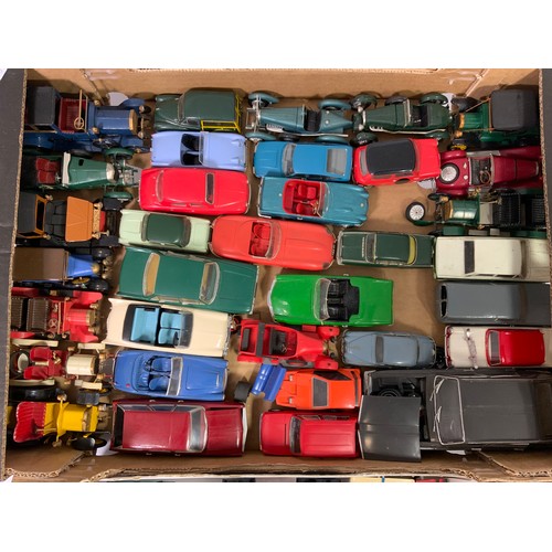 212 - TWO TRAYS OF MERIT & SIMILAR, KIT MADE MODELS, MOSTLY CARS, SOME VINTAGE & VETERAN TO MORE MODERN CO... 