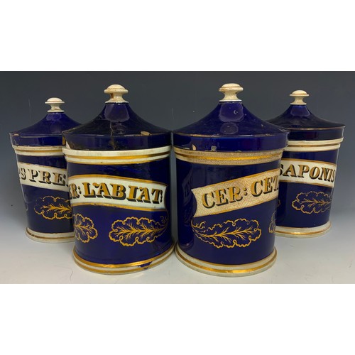 220 - 4 LARGE DRUG / CHEMIST JARS  WITH COVERS COLBALT BLUE WITH GILT  DECORATION 30cm TALL ADVISED FROM M... 