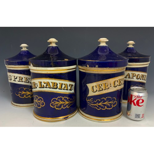 220 - 4 LARGE DRUG / CHEMIST JARS  WITH COVERS COLBALT BLUE WITH GILT  DECORATION 30cm TALL ADVISED FROM M... 