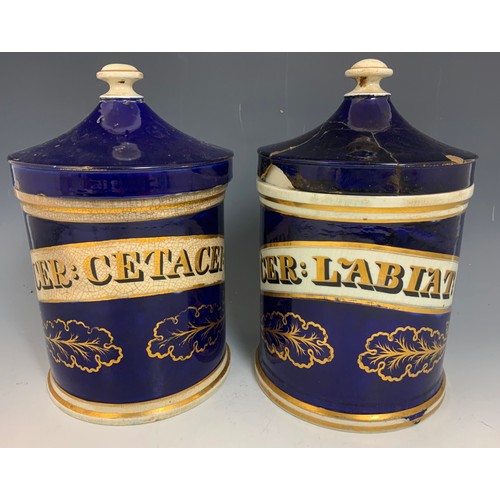 220 - 4 LARGE DRUG / CHEMIST JARS  WITH COVERS COLBALT BLUE WITH GILT  DECORATION 30cm TALL ADVISED FROM M... 