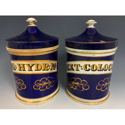 221 - 4 LARGE DRUG / CHEMIST JARS  WITH COVERS COLBALT BLUE WITH GILT  DECORATION 30cm TALL ADVISED FROM M... 