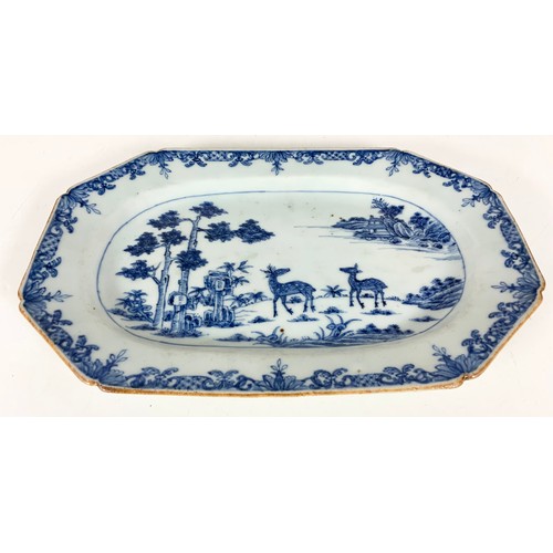 229 - UNUSUAL ORIENTAL BLUE & WHITE SERVING DISH  WITH DEER DECORATION 27.5cm LONG