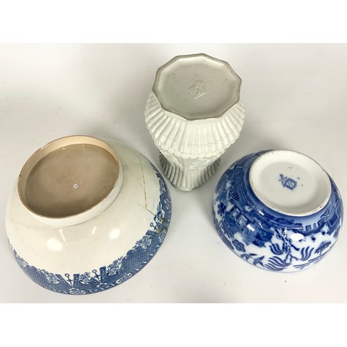 230 - LARGE BLUE & WHITE BOWL AF WITH ORIENTAL DECORATION , BOWL WITH WILLOW PATTERN &  A JUG WITH RELIEF ... 