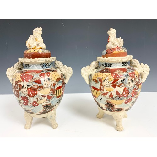 227 - PAIR OF ORIENTAL URNS WITH  COVERS HAVING DOGS OF FOE FINIALS  29cm TALL