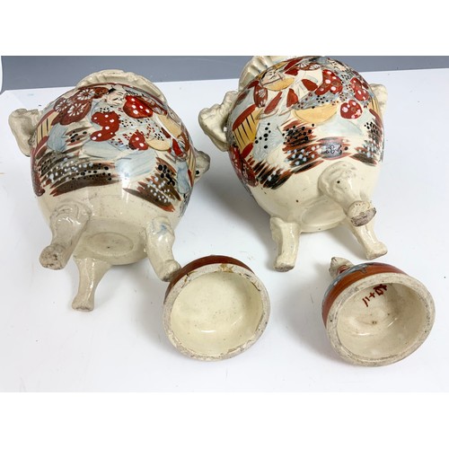 227 - PAIR OF ORIENTAL URNS WITH  COVERS HAVING DOGS OF FOE FINIALS  29cm TALL