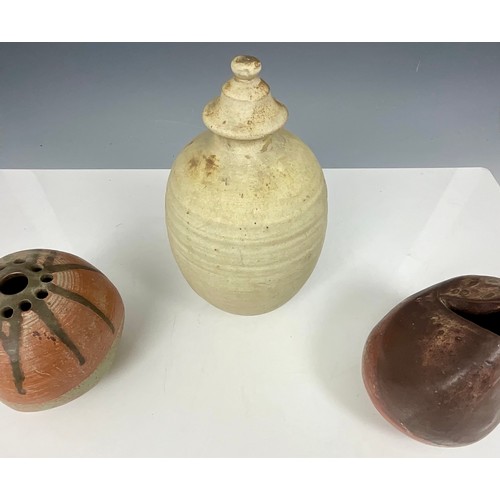 243 - HASSALL STUDIO POTTERY INC. 2 GLAZED VASES AND AN URN A/F