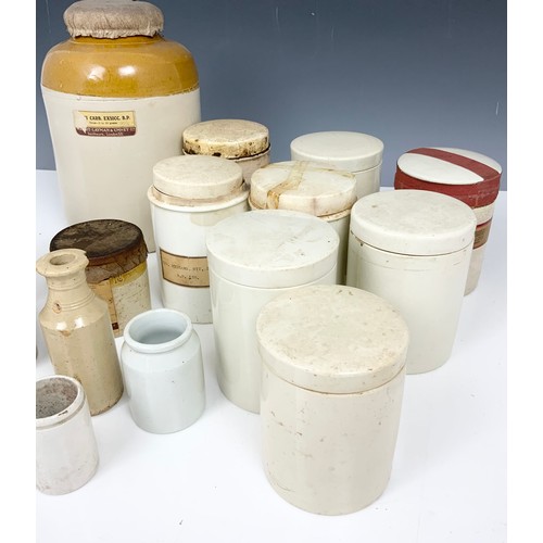 250 - QUANTITY OF CERAMIC VINTAGE CHEMIST JARS INC SALT GLAZED 1 TRAY