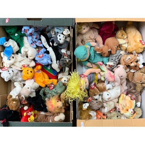 78 - LARGE QTY OF TY BEANIE SOFT TOYS, A GOOD ASSORTED COLLECTION IN TWO TRAYS.