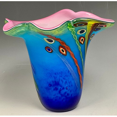 254 - LARGE BLUE GROUND STUDIO GLASS VASE, APPROX. 20 cm