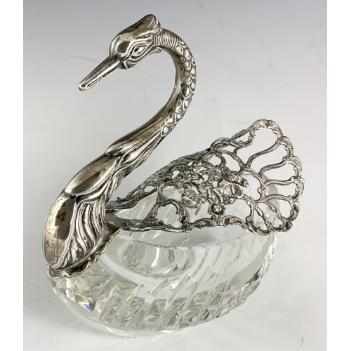 269 - STERLING SILVER & CUT GLASS SWAN BON BON DISH 14cm TALL