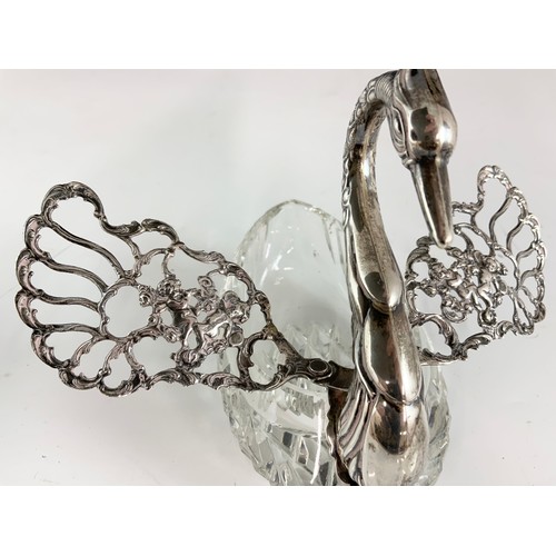 269 - STERLING SILVER & CUT GLASS SWAN BON BON DISH 14cm TALL