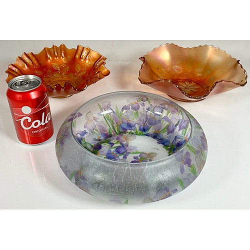 268 - 2 ORANGE FLUTED CARNIVAL GLASS BOWLS AND ONE OTHER