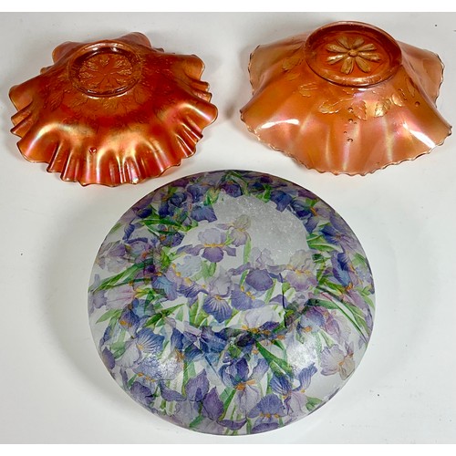 268 - 2 ORANGE FLUTED CARNIVAL GLASS BOWLS AND ONE OTHER