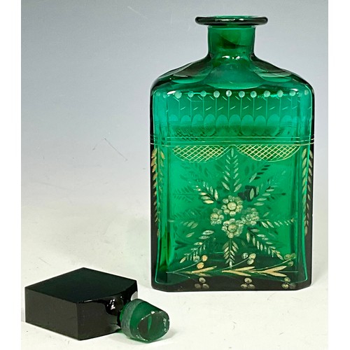 256 - VINTAGE GREEN GLASS DECANTER WITH ENAMEL FLOWER DECORATION A/F