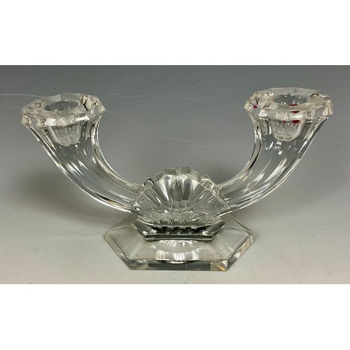 282 - VAL ST. LAMBERT ART DECO 2 BRANCH CANDELABRA WITH ETCHED MARK TO UNDERSIDE, HEXAGONAL COLUMN GLASS C... 