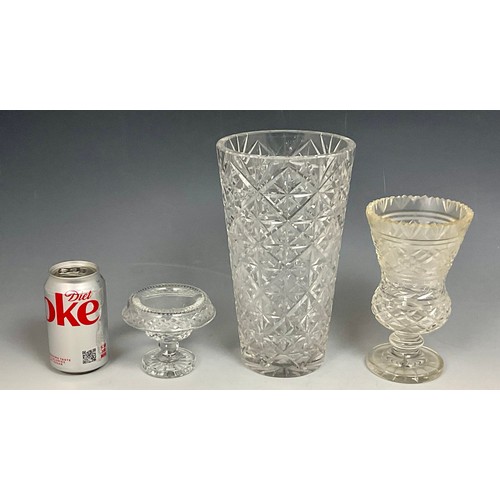 283 - TALL CUT GLASS VASE, APPROX. 25 cm, THISTLE VASE AND ONE OTHER