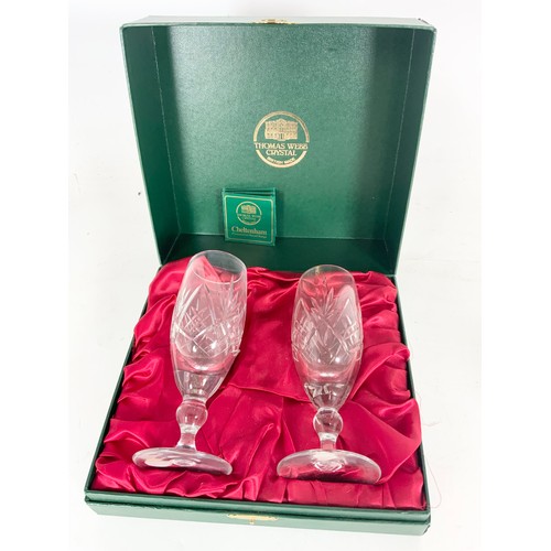 287 - BOXED PAIR OF THOMAS WEBB CHAMPAGNE FLUTES, 2 ART GLASS VASES & A SWEDISH JEWELLERY BOX