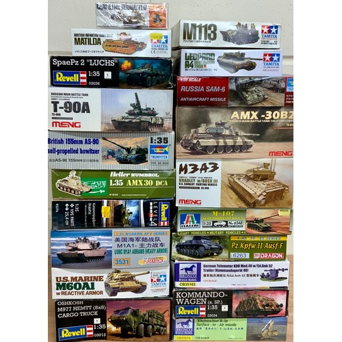 58 - 20 PLASTIC KITS (TANKS ETC.) VARIOUS BRANDS INC REVELL TAMIYA MENG MATCHBOX AND BRONCO